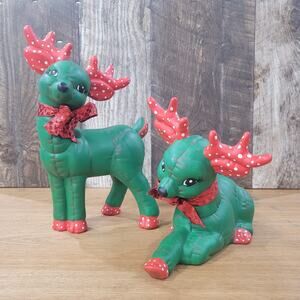Kimple Ceramic Mold Vtg Christmas Reindeer Figurine Handpainted Polka Dots Green